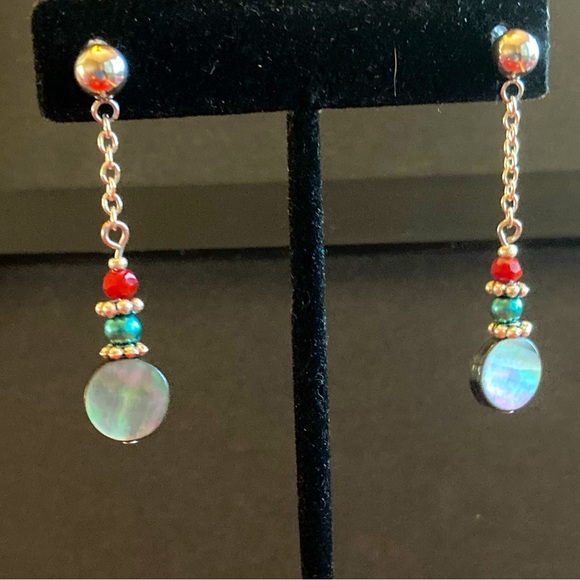 Abalone Coin Earrings with Teal & Red Accents - Picture 2 of 6